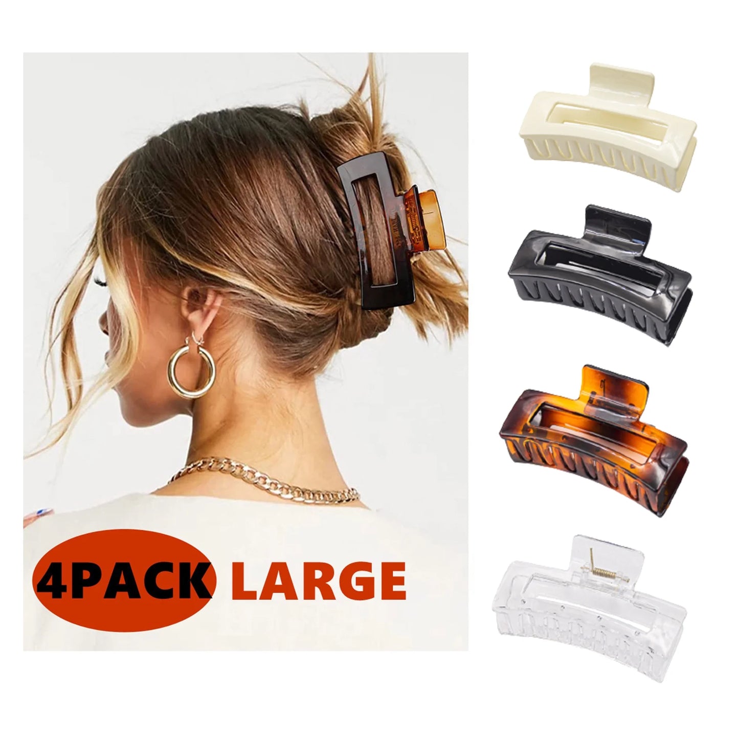 Large Hair Claw Clips Banana Hair Clips for Thick Hair Acrylic Banana Claw Clips Non-Slip Hair Clip Rectangular Jaw Clips Big Hair Clips 4.1" 4 Pack