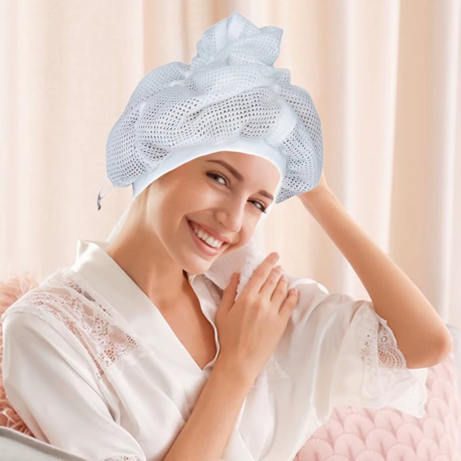 Net Plopping Cap for Drying Curly Hair with Drawstring Large Shower Cap Adjustable Net Plopping Bonnet Mesh Hat Bath Accessories